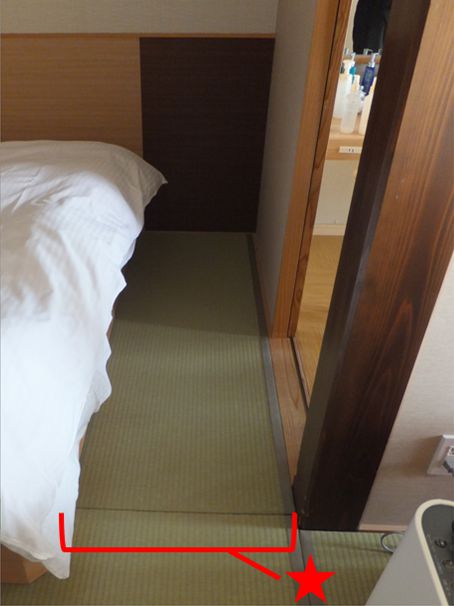 Aタイプ客室のベッドは動かせないため、この幅が不自由がないかご確認ください。 房総鴨川温泉是空 Aタイプ客室内で洗面脱衣スペースへの通り道幅57㎝の画像